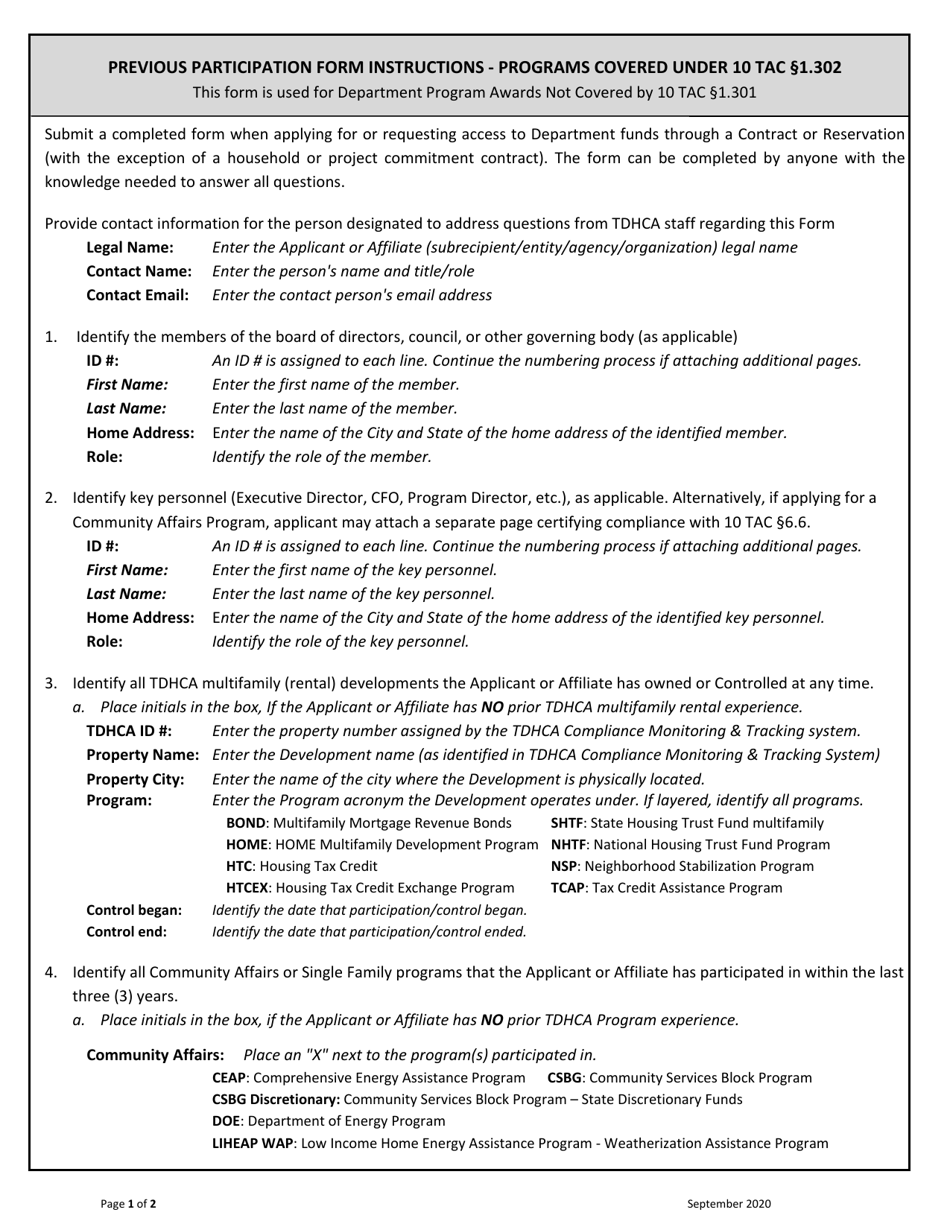 Instructions for Uniform Previous Participation Form for Single Family and Community Affairs - Texas, Page 1