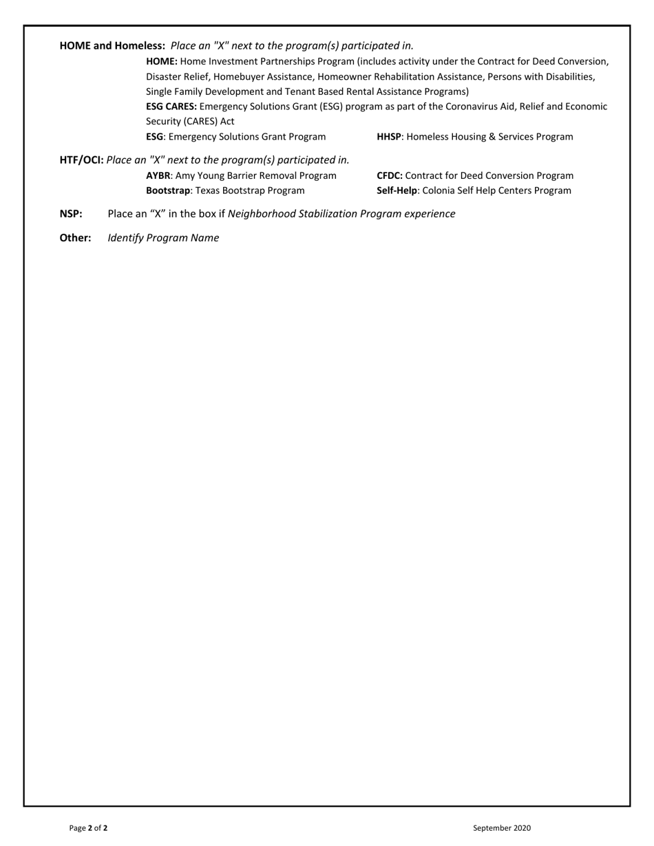 Instructions for Uniform Previous Participation Form for Single Family and Community Affairs - Texas, Page 2