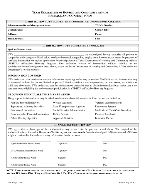 Release and Consent Form - Texas Download Pdf