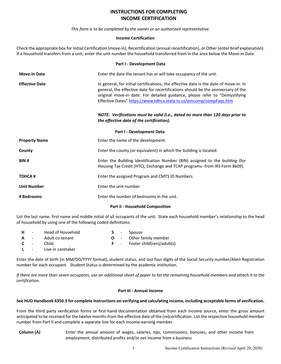 Instructions for Income Certification - Texas, Page 1