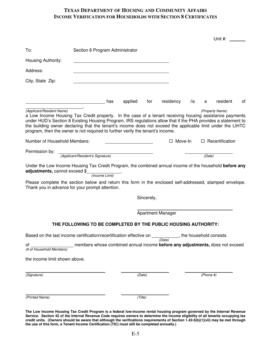 Income Verification for Households With Section 8 Certificates - Texas, Page 1