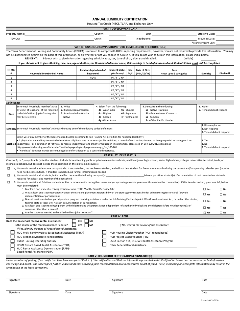 Annual Eligibility Certification - Texas, Page 1