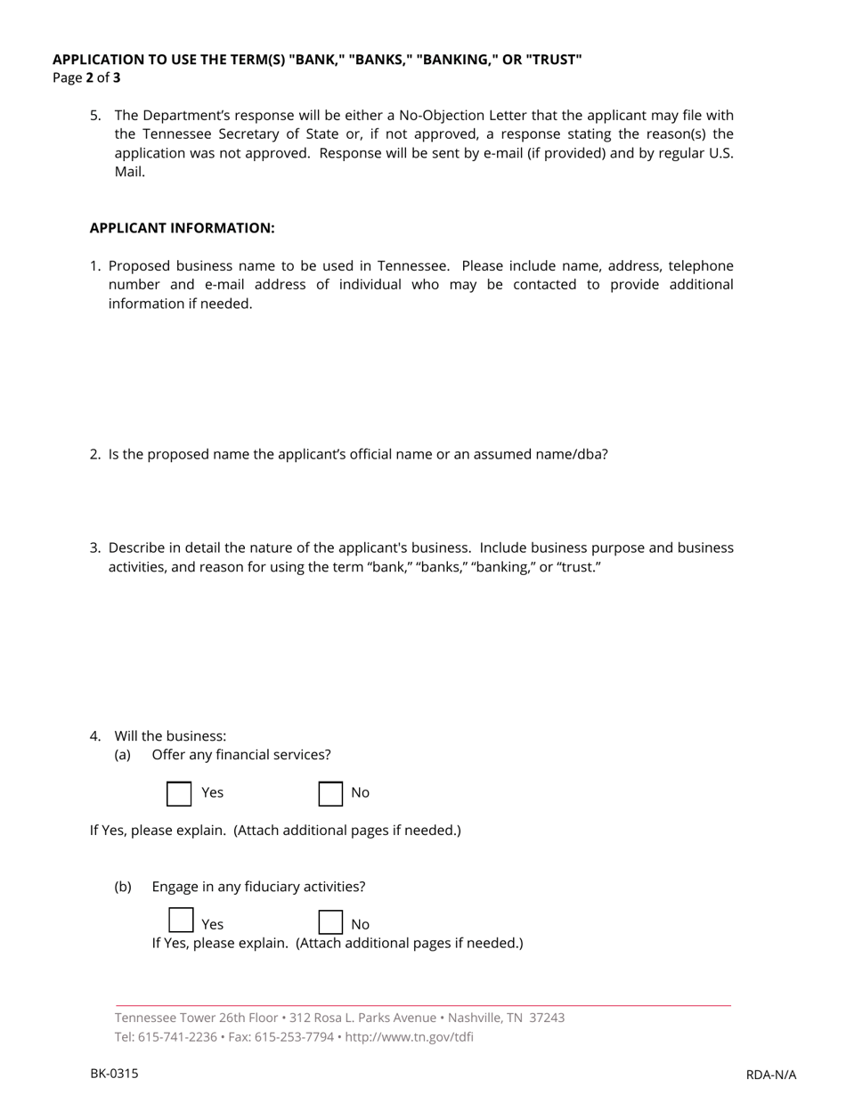 Form BK-0315 Application to Use the Term(S) bank, banks, banking, or trust - Tennessee, Page 2