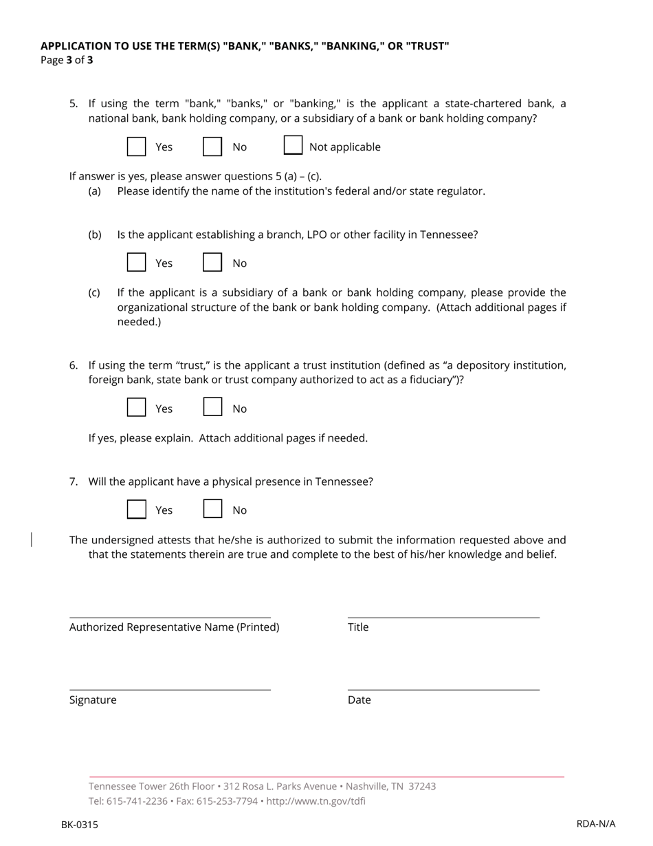 Form BK-0315 Application to Use the Term(S) bank, banks, banking, or trust - Tennessee, Page 3