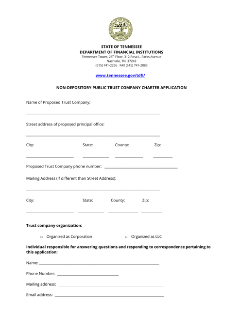 Non-depository Public Trust Company Charter Application - Tennessee Download Pdf