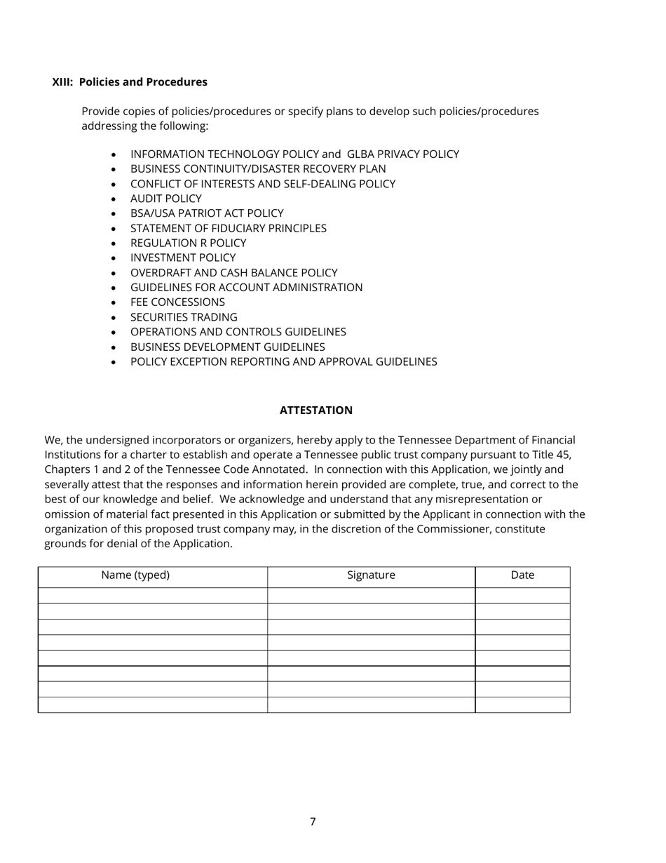 Non-depository Public Trust Company Charter Application - Tennessee, Page 7
