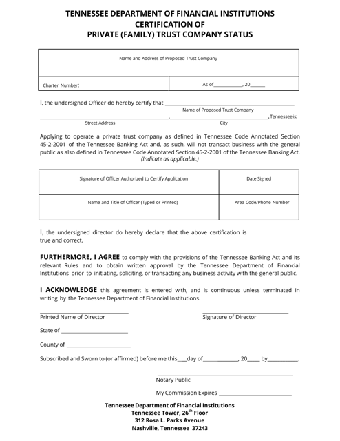 "Certification of Private (Family) Trust Company Status" - Tennessee Download Pdf