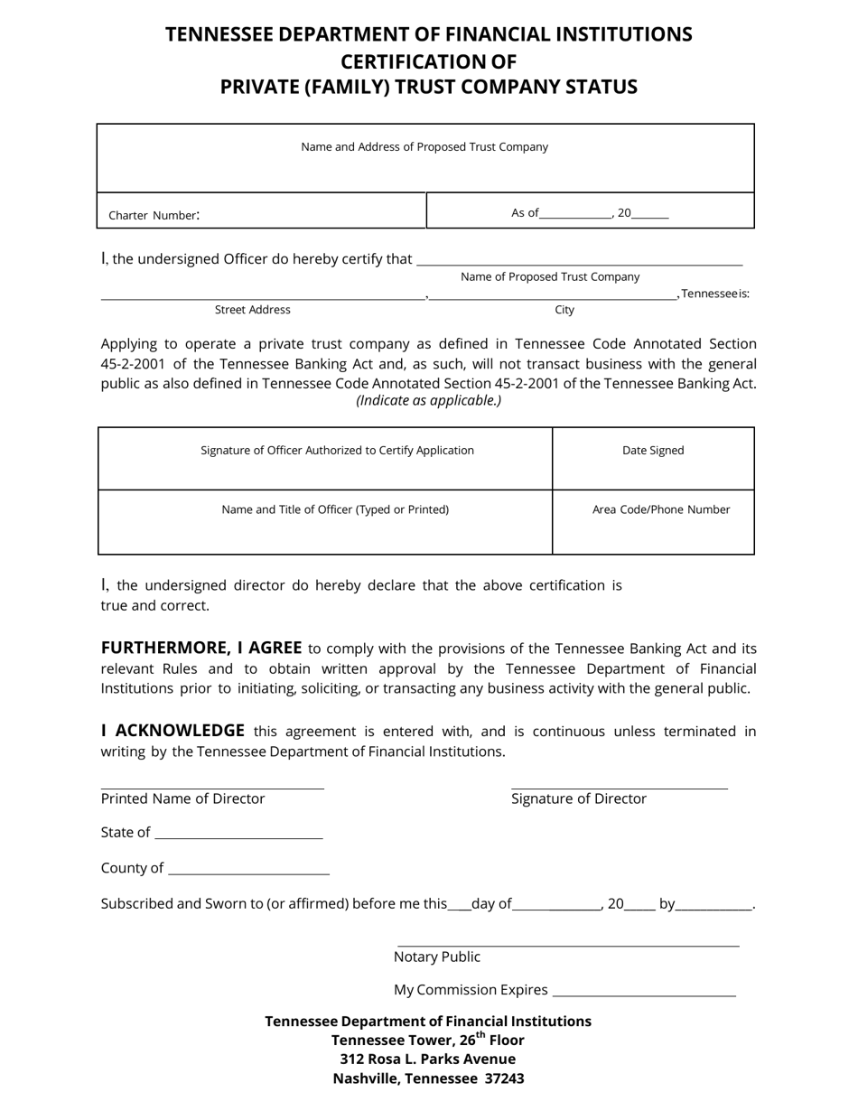 Certification of Private (Family) Trust Company Status - Tennessee, Page 1