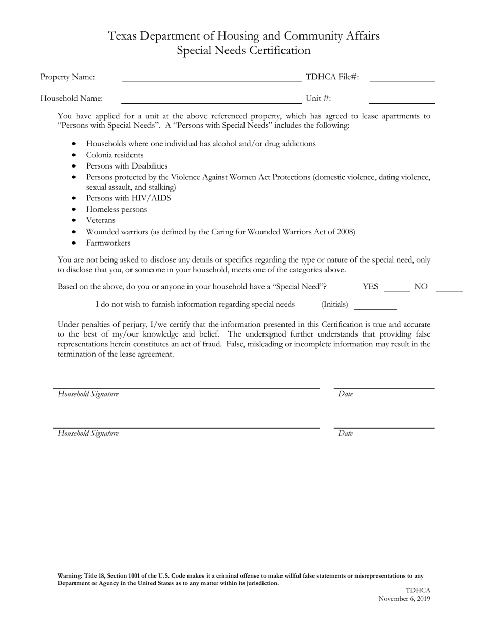 Special Needs Certification - Texas, Page 1