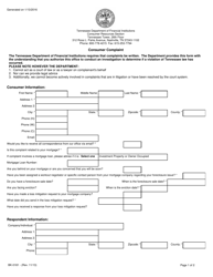 Form BK-0181 &quot;Consumer Complaint&quot; - Tennessee