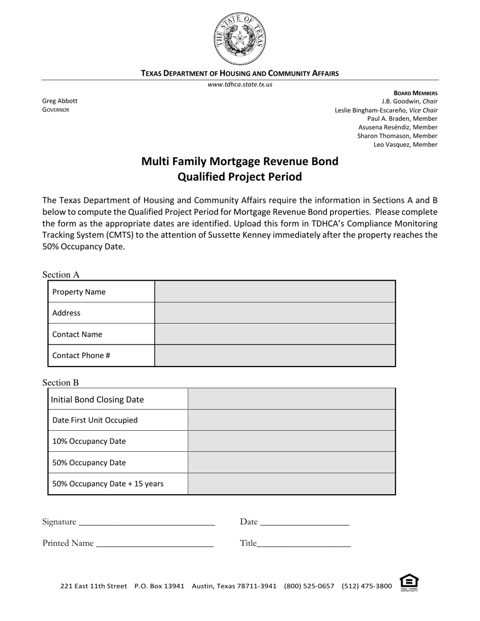 Texas Multi Family Mortgage Revenue Bond Qualified Project Period