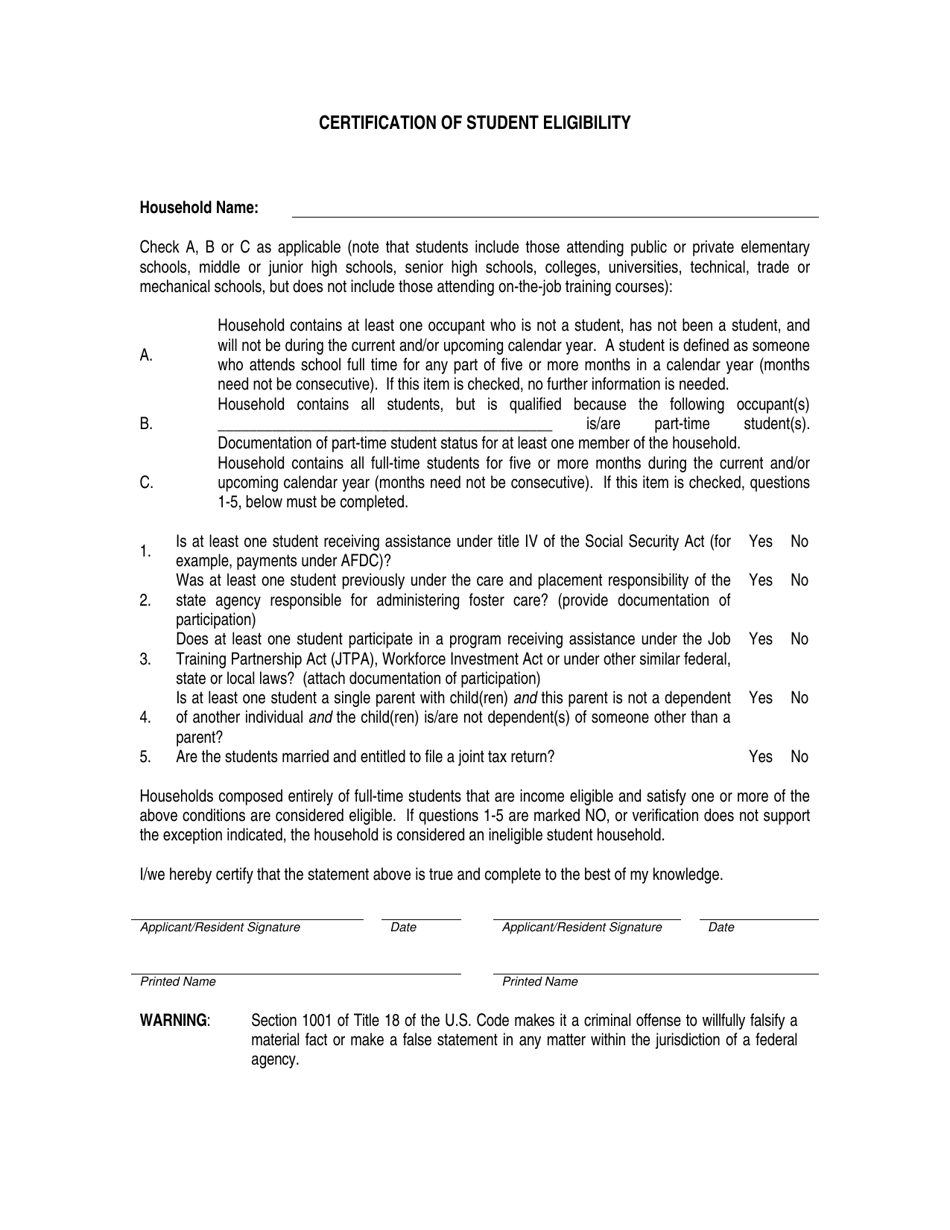 Certification of Student Eligibility - Texas, Page 1