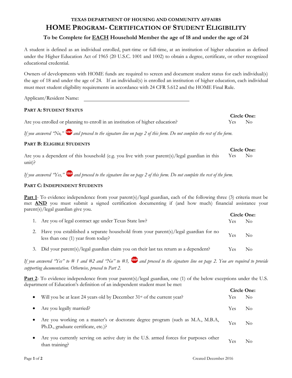 Texas Certification of Student Eligibility - Home Program - Fill Out ...
