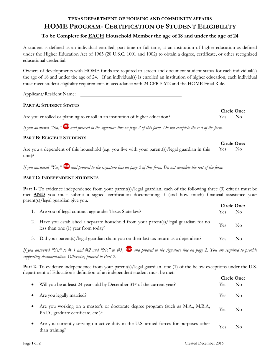Certification of Student Eligibility - Home Program - Texas, Page 1