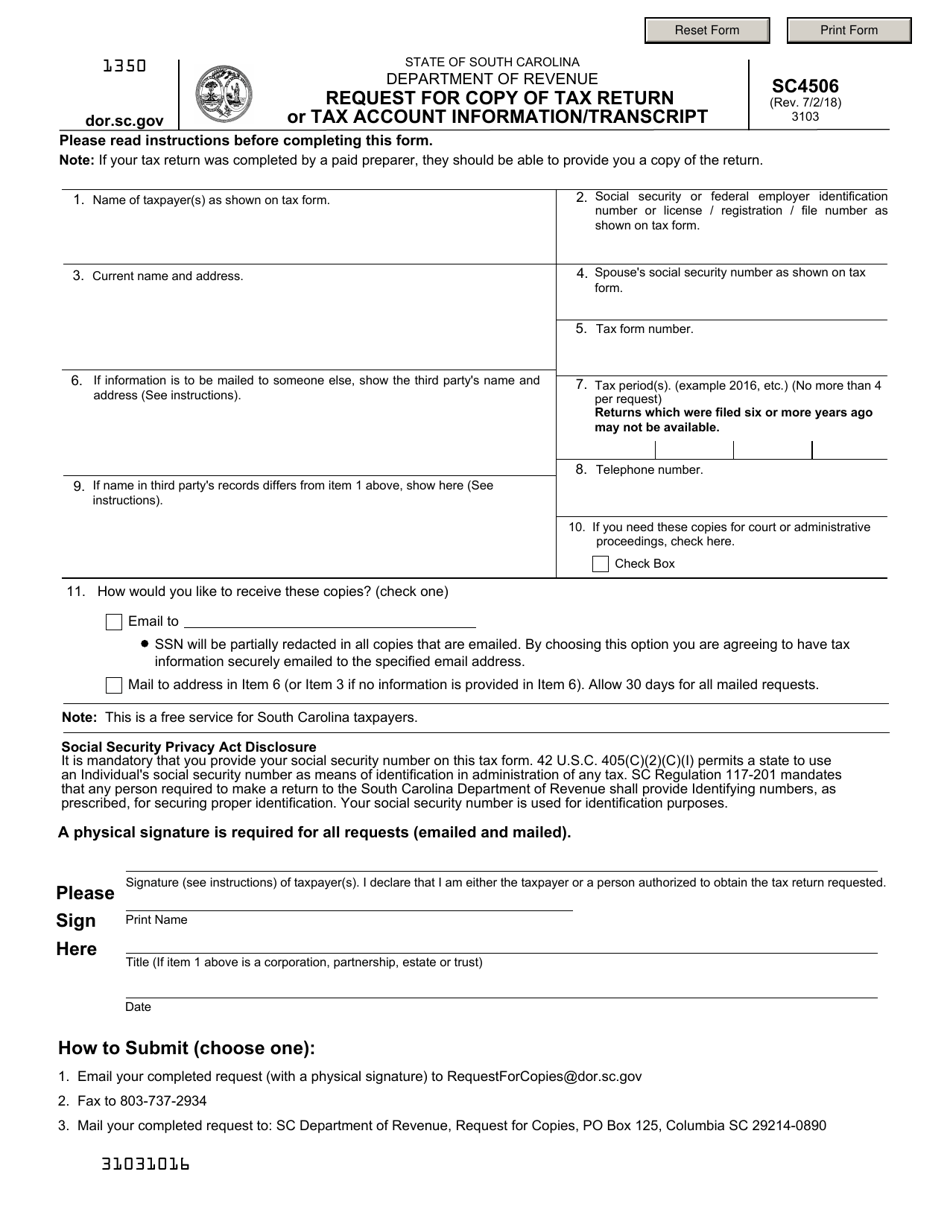 Form SC4506 Request for Copy of Tax Return or Tax Account Information / Transcript - South Carolina, Page 1