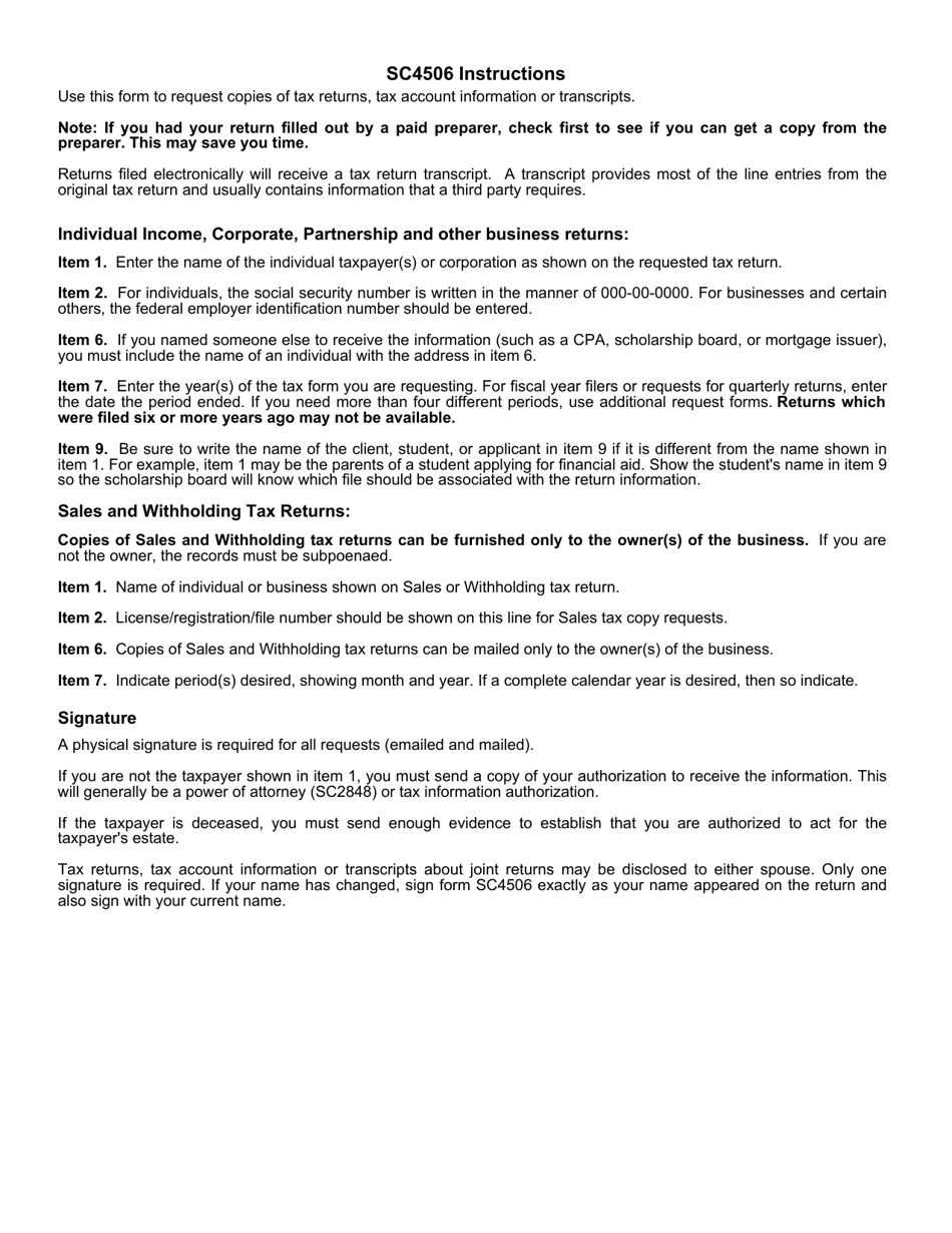 Form SC4506 Request for Copy of Tax Return or Tax Account Information / Transcript - South Carolina, Page 2