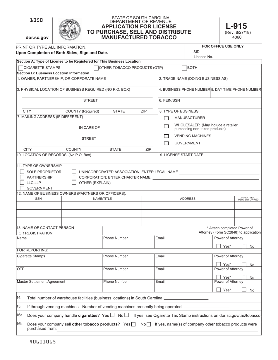 Form L-915 Application for License to Purchase, Sell and Distribute Manufactured Tobacco - South Carolina, Page 1