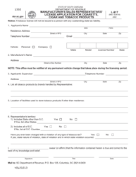 Form L-917 &quot;Manufacturer's Sales Representatives' License Application for Cigarette, Cigar and Tobacco Products&quot; - South Carolina