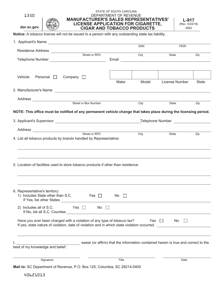 Form L-917 Manufacturers Sales Representatives License Application for Cigarette, Cigar and Tobacco Products - South Carolina, Page 1