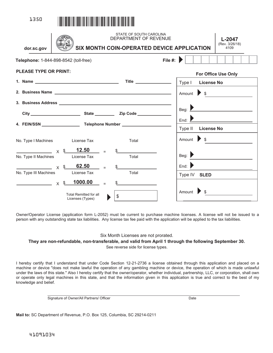 Form L-2047 Six Month Coin-Operated Device Application - South Carolina, Page 1