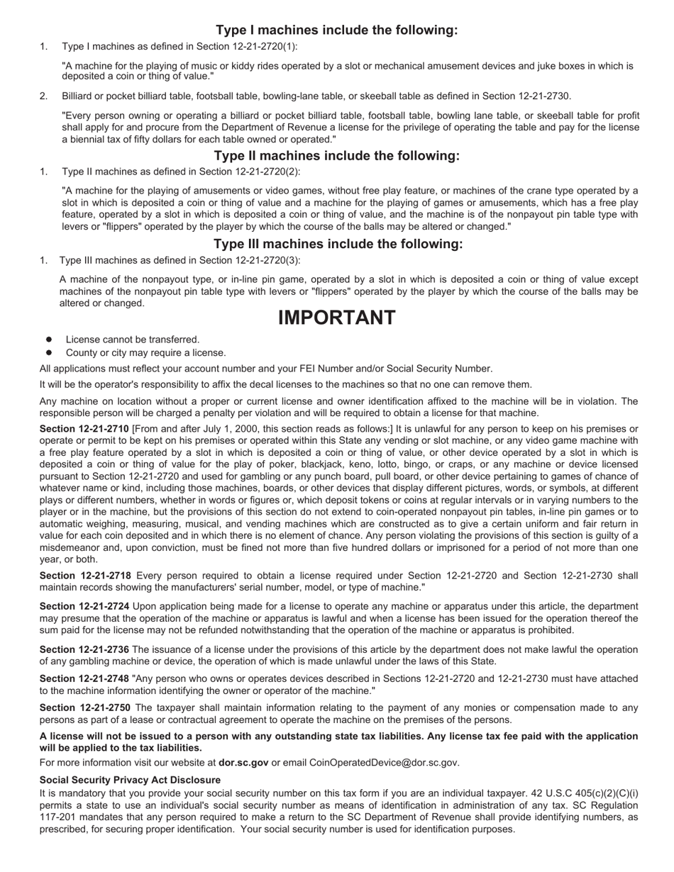 Form L-2047 Six Month Coin-Operated Device Application - South Carolina, Page 2