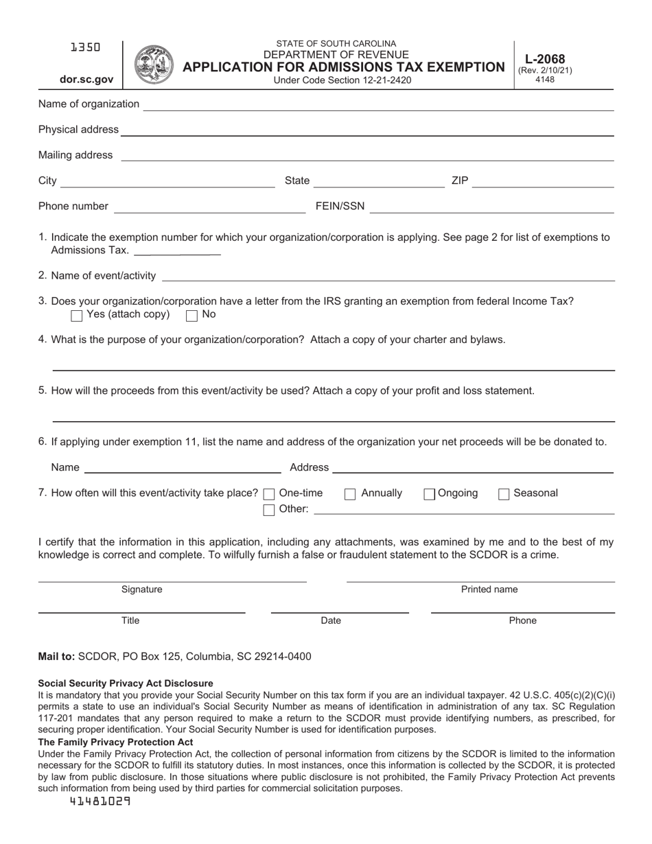 Form L-2068 Application for Admissions Tax Exemption - South Carolina, Page 1
