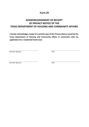 Form 29 Acknowledgement of Receipt of Privacy Notice of the Texas Department of Housing and Community Affairs - Texas, Page 3