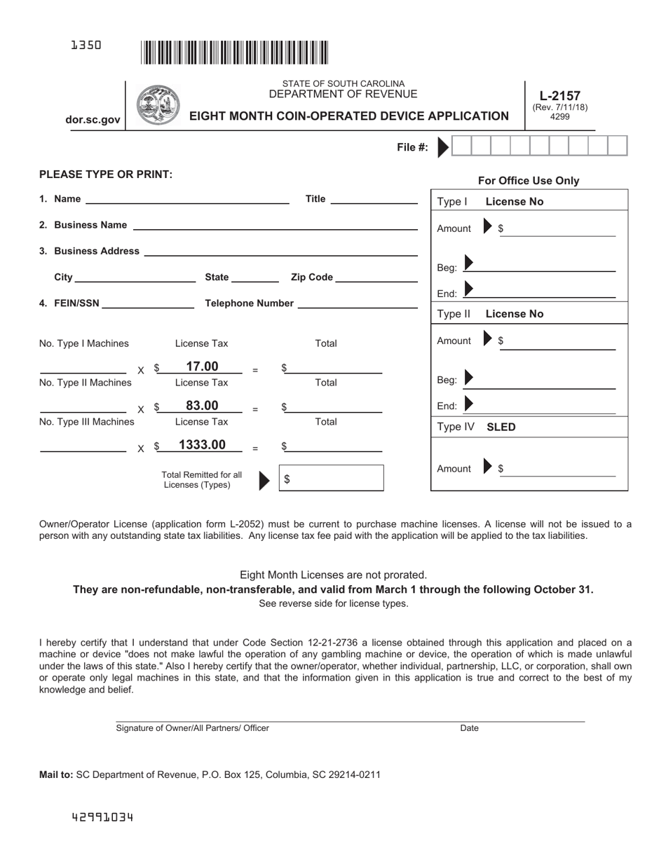 Form L-2157 Eight Month Coin-Operated Device Application - South Carolina, Page 1