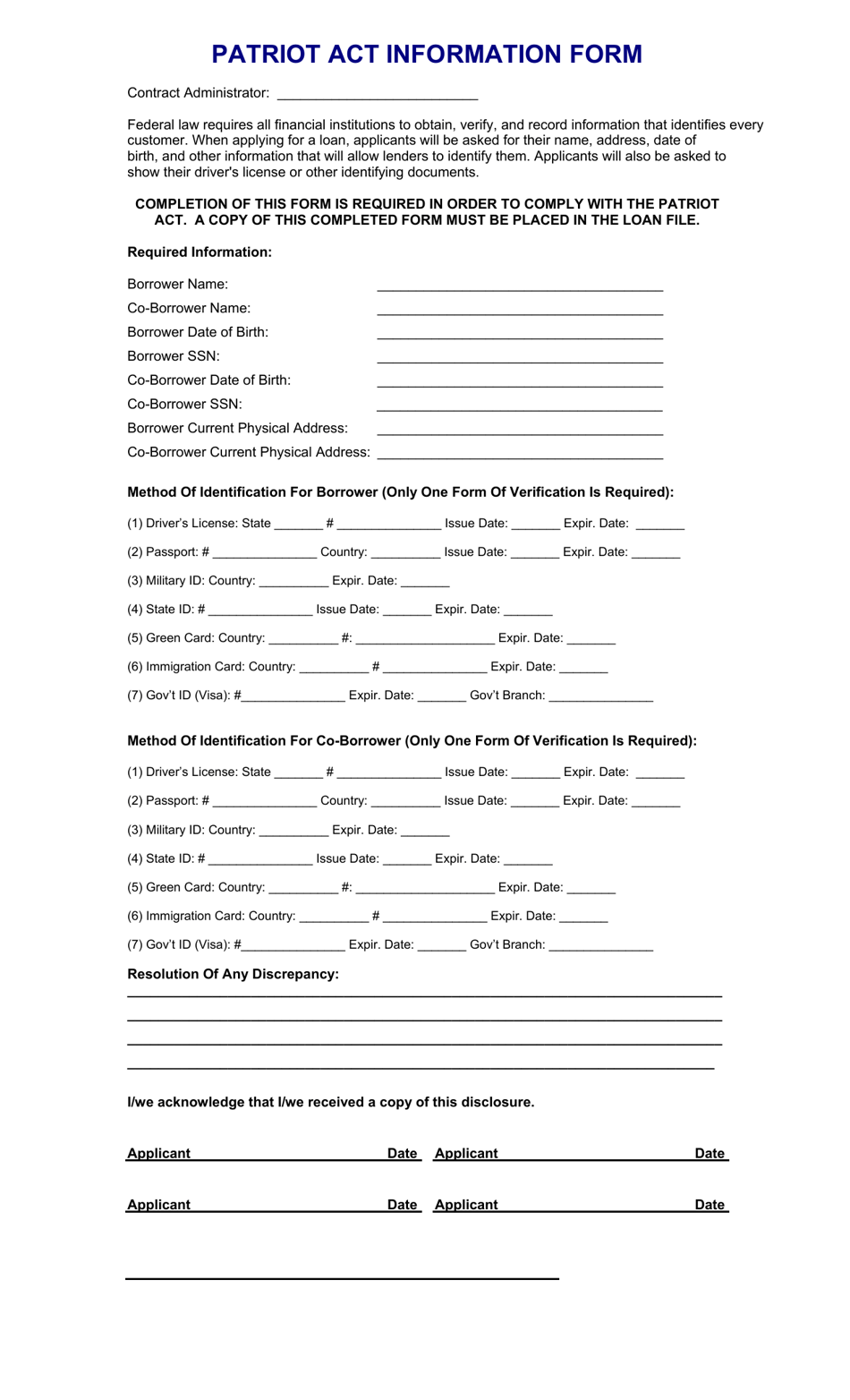 Patriot Act Information Form - Texas, Page 1