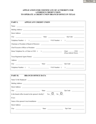 Document preview: Application for Certificate of Authority for a Foreign Credit Union to Operate a Credit Union Branch Office in Texas - Texas