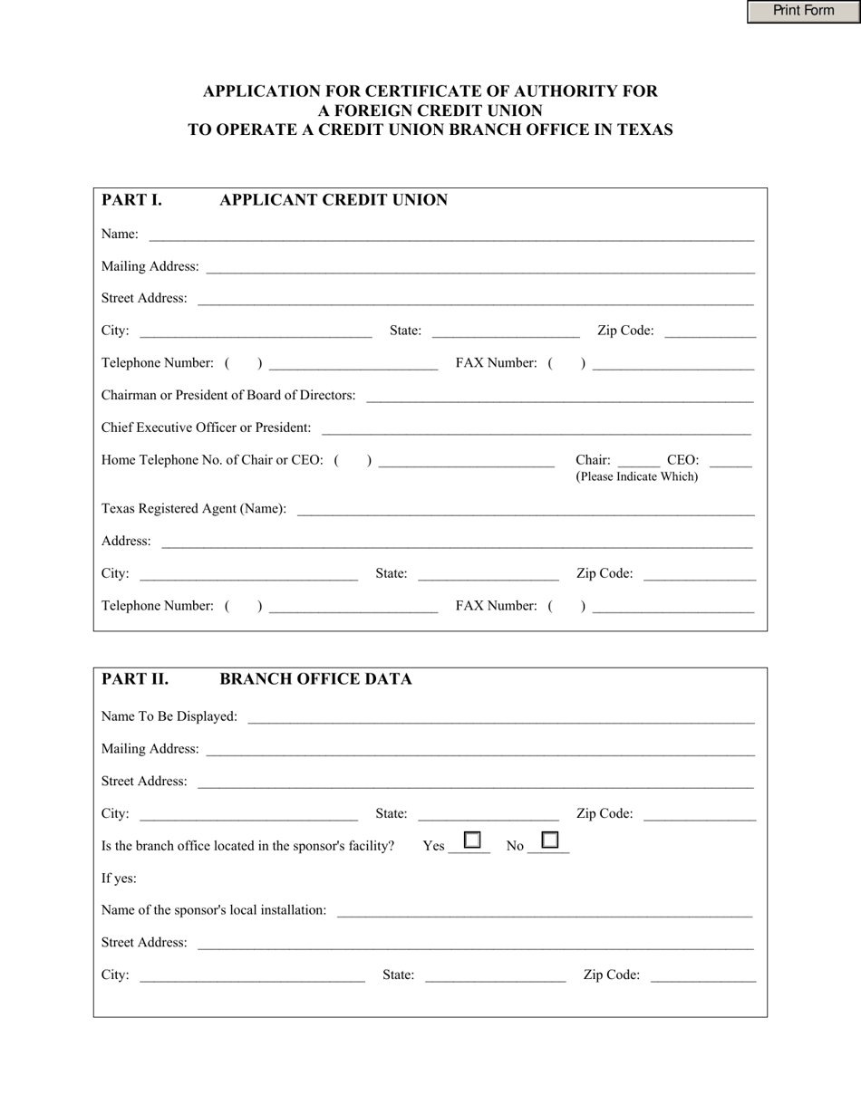 Application for Certificate of Authority for a Foreign Credit Union to Operate a Credit Union Branch Office in Texas - Texas, Page 1