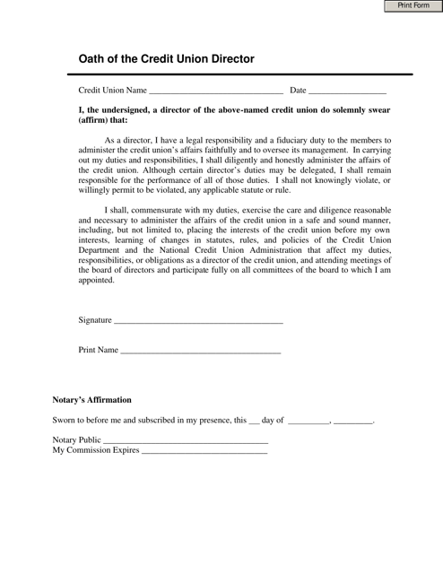 Oath of the Credit Union Director - Texas Download Pdf
