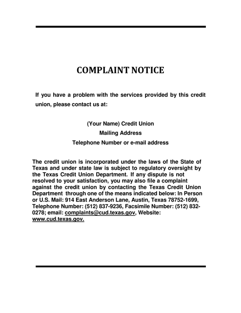 Complaint Notice - Texas Download Pdf