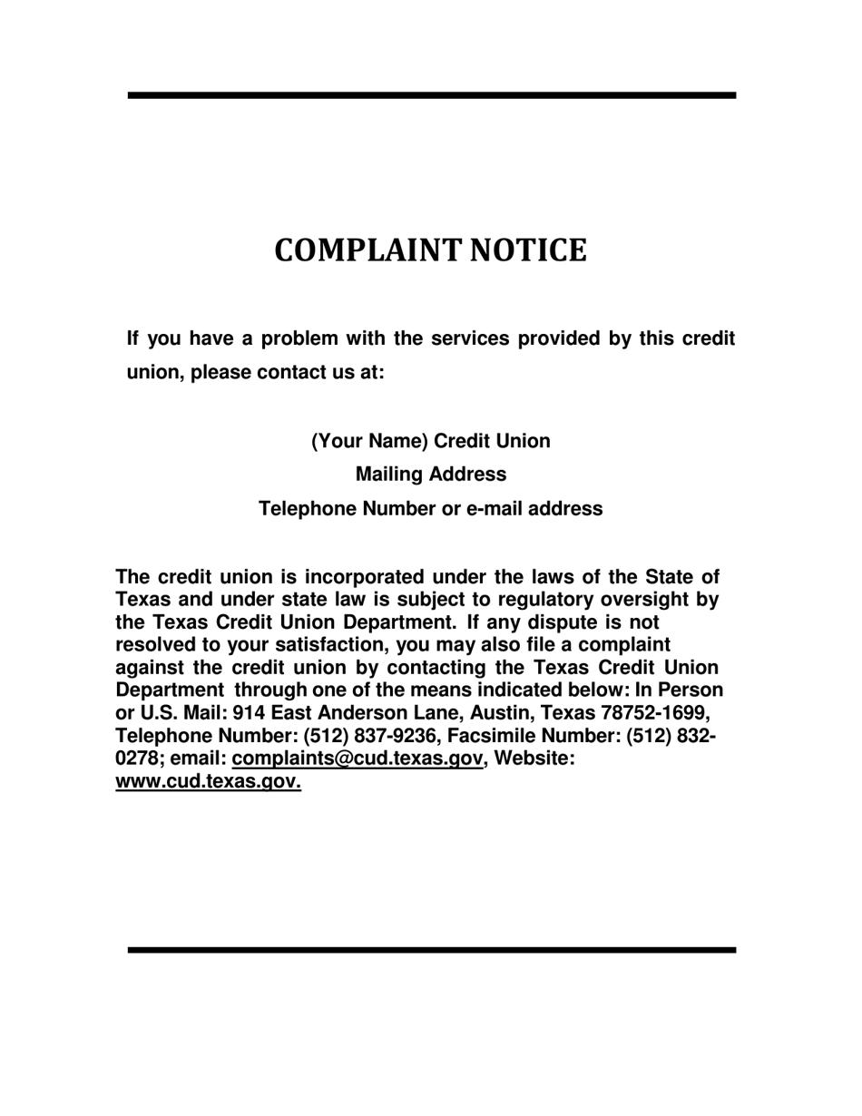 Complaint Notice - Texas, Page 1