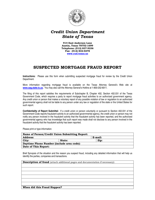 Suspected Mortgage Fraud Report - Texas Download Pdf