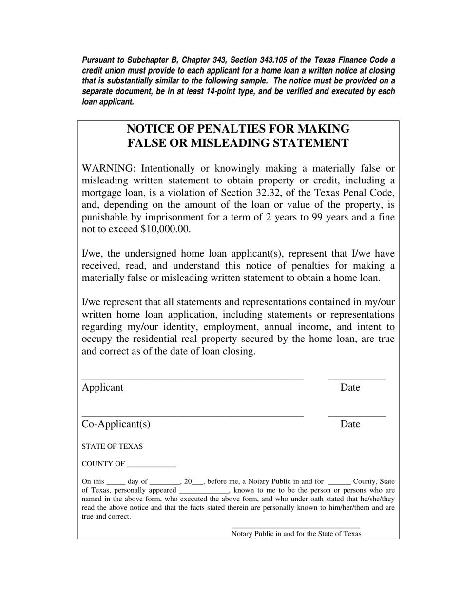 Notice of Penalties for Making False or Misleading Statement - Texas, Page 1