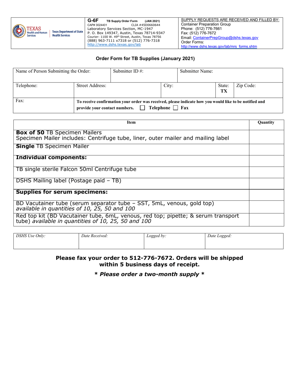 Form G-6F Order Form for Tb Supplies - Texas, Page 1