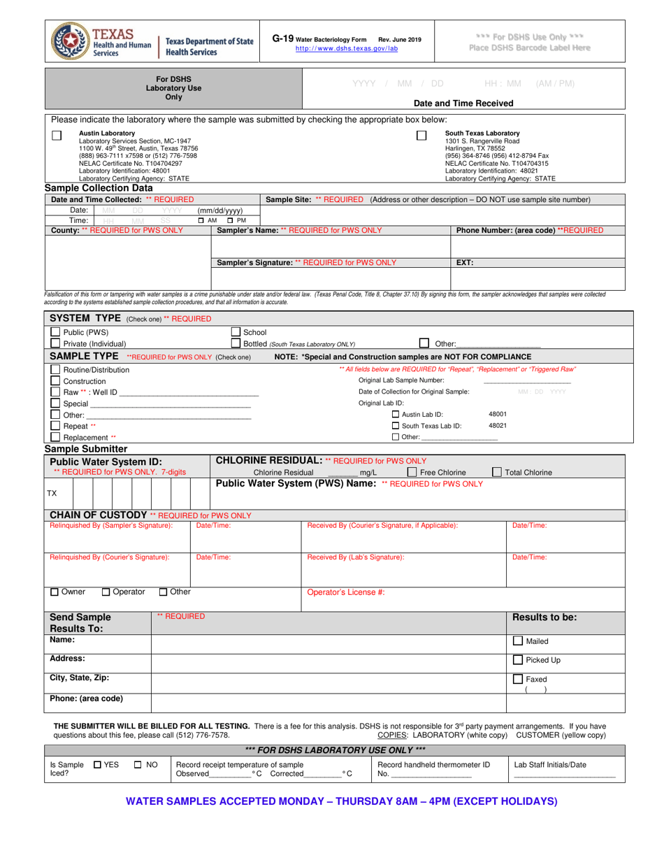 Form G-19 Water Bacteriology Specimen Submission Form - Texas, Page 1