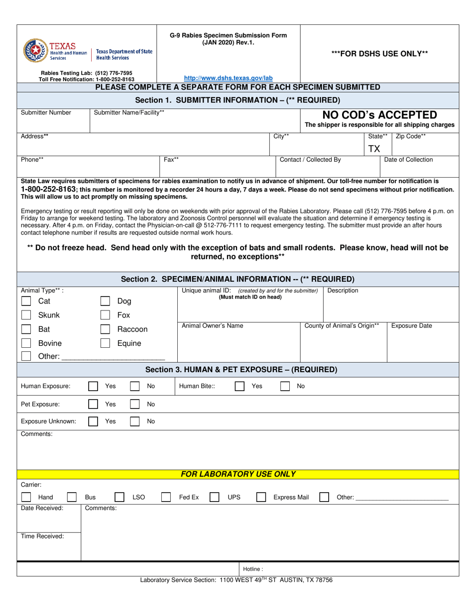Form G-9 Rabies Specimen Submission Form - Texas, Page 1