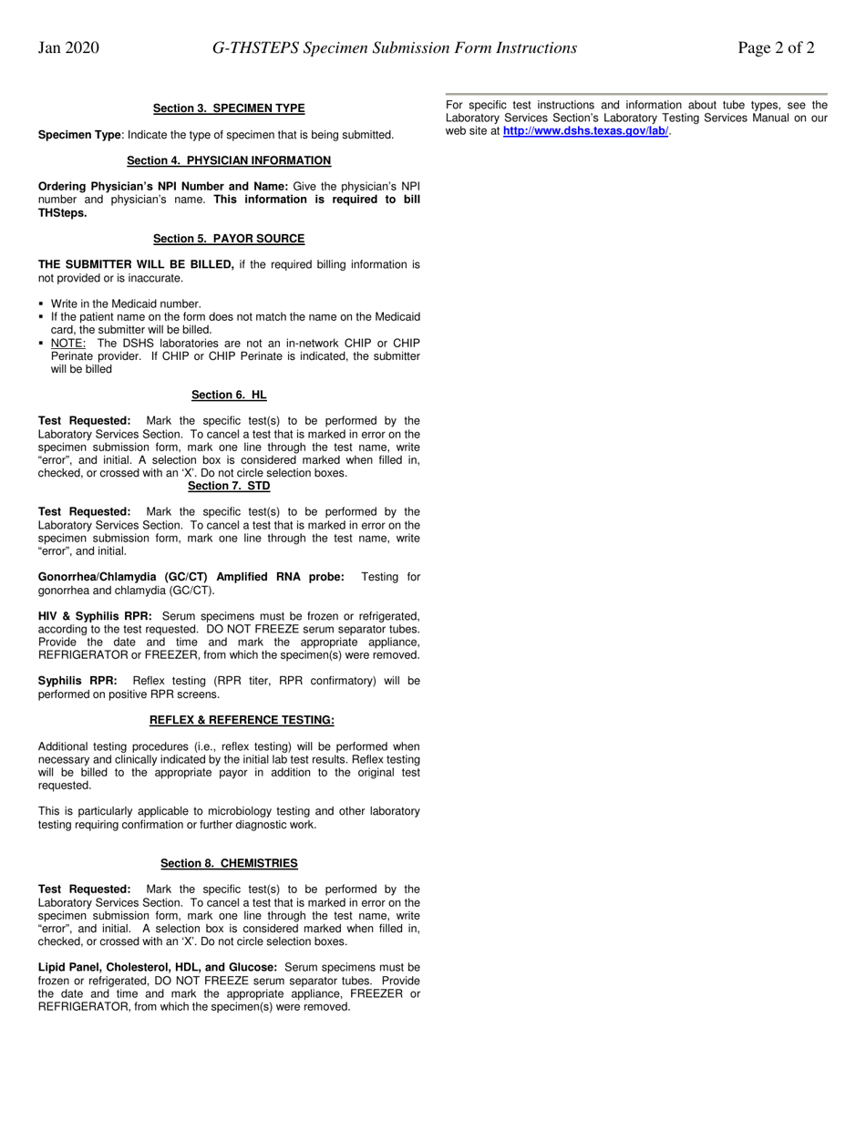 Instructions for Form G-THSTEPS Texas Health Steps Specimen Submission Form - Texas, Page 2
