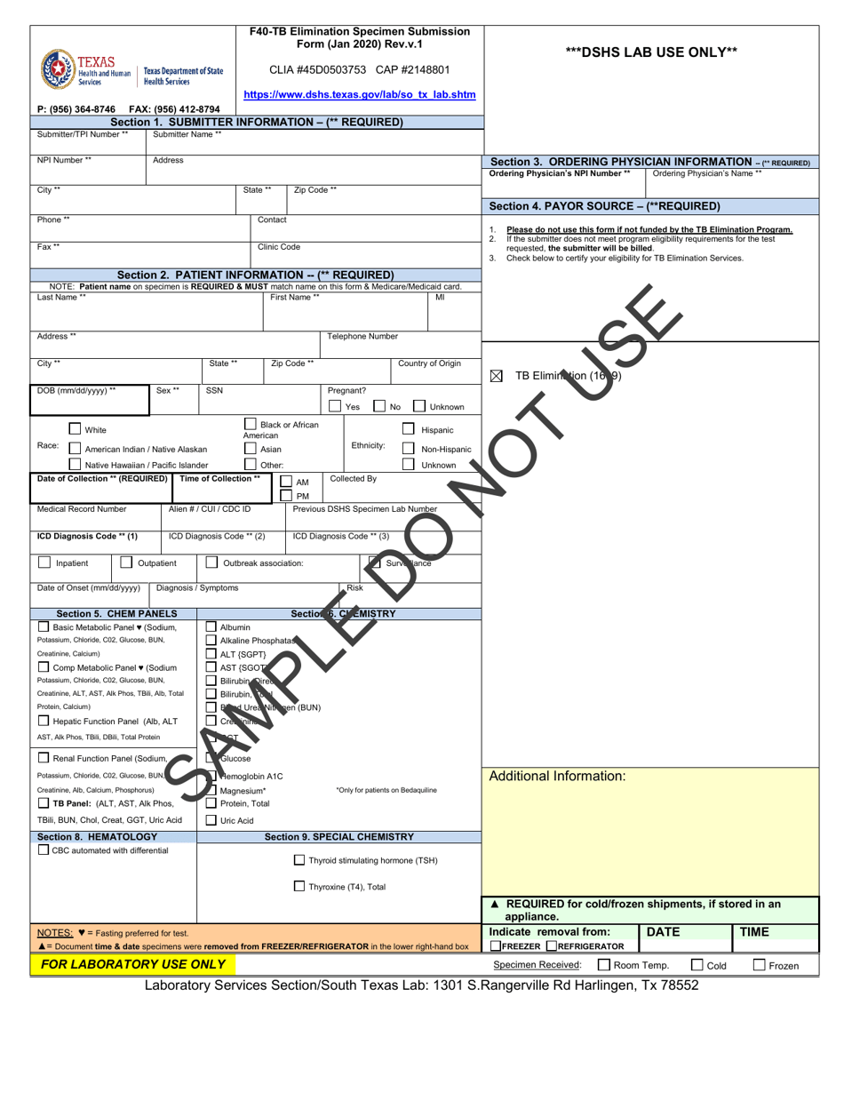 Form F40-TB Elimination Specimen Submission Form - Sample - Texas, Page 1