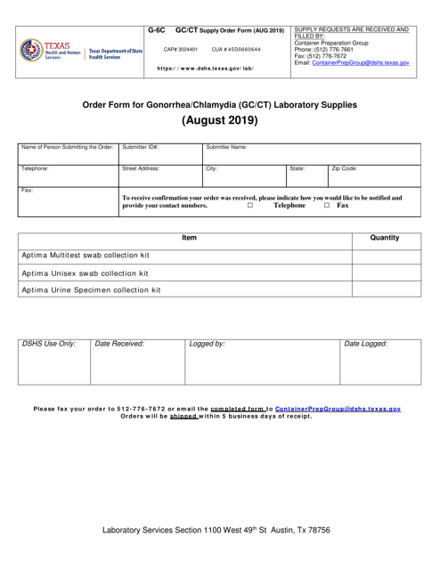 Form G-6C Order Form for Gonorrhea/Chlamydia (Gc/Ct) Laboratory Supplies - Texas