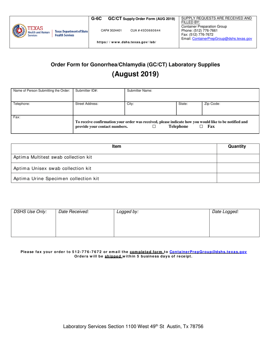 Form G-6C Order Form for Gonorrhea / Chlamydia (Gc / Ct) Laboratory Supplies - Texas, Page 1