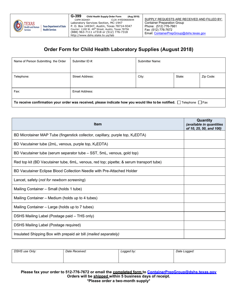 Form G-399 Order Form for Child Health Laboratory Supplies - Texas, Page 1
