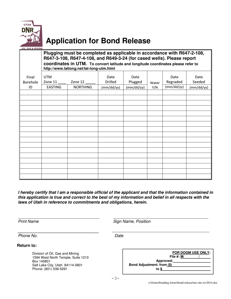 Application for Bond Release - Utah, Page 3