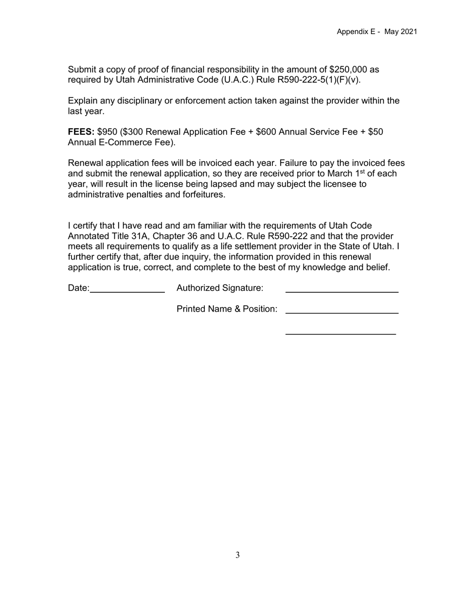 Appendix E Utah Life Settlement Provider Renewal Application - Utah, Page 3