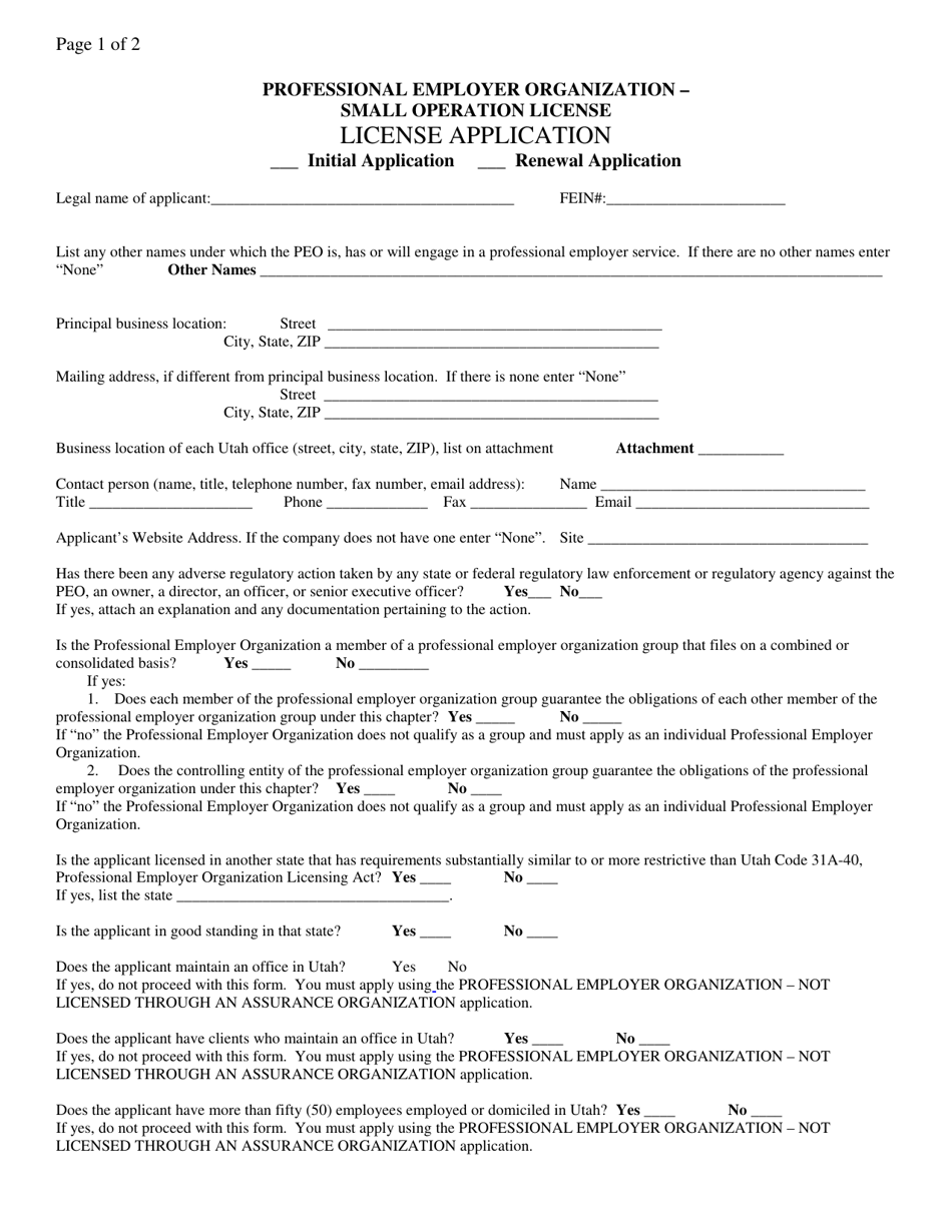 License Application - Professional Employer Organization - Small Operation License - Utah, Page 1