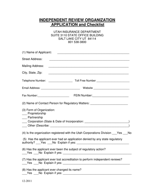 Independent Review Organization Application and Checklist - Utah Download Pdf