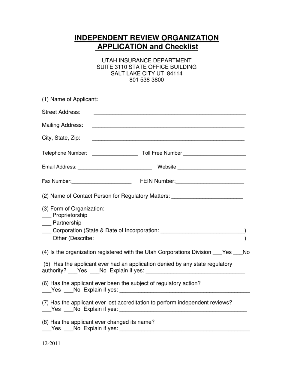 Independent Review Organization Application and Checklist - Utah, Page 1