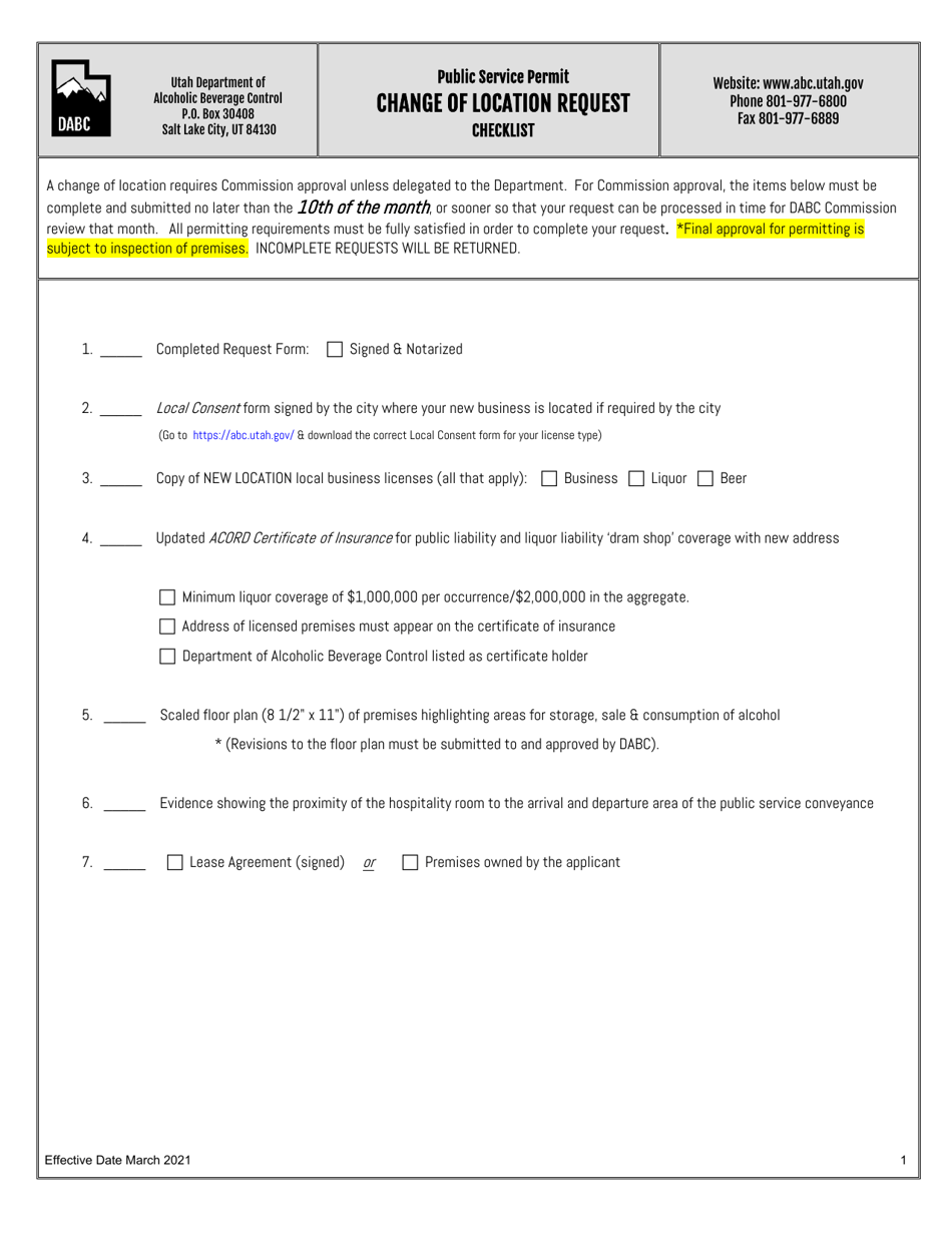 Public Service Permit Change of Location Request - Utah, Page 1